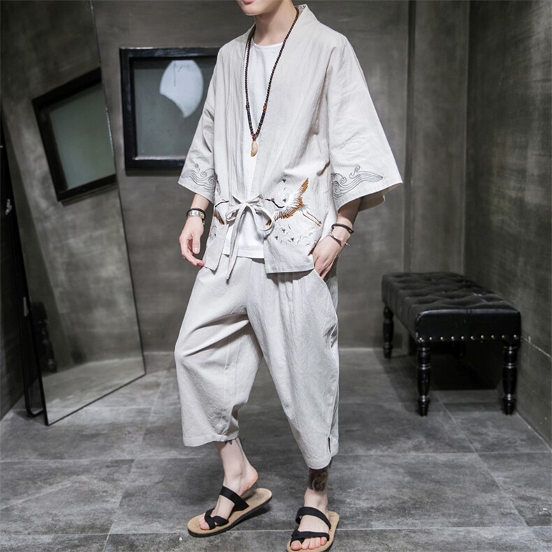 A611P75室内风2024春夏装新款七分袖七分裤仙鹤刺绣宽松汉服套装,男装T恤,电商A026