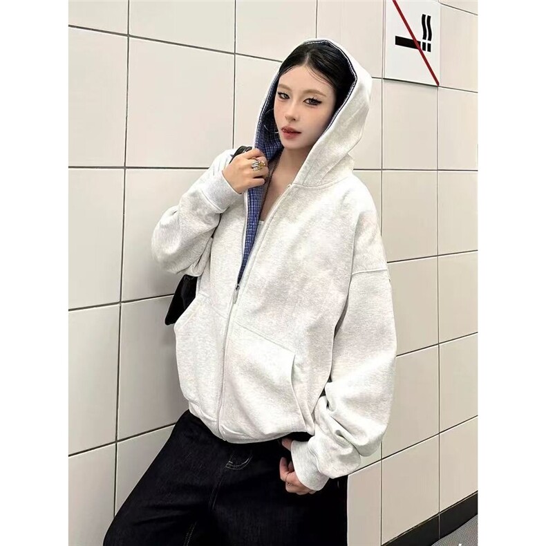 W10582-P60网图现货美式高街格子拼接连帽开衫卫衣外套高品质,女装短外套,星座1608