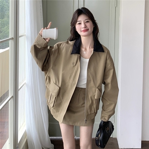港风外套+半身裙两件女2026春秋季新款休闲配短裙卡其色风衣套装图片
