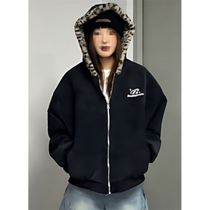 豹纹双面穿棉服连帽麂皮绒短款男女冬季工装夹克棉衣 WA275图片