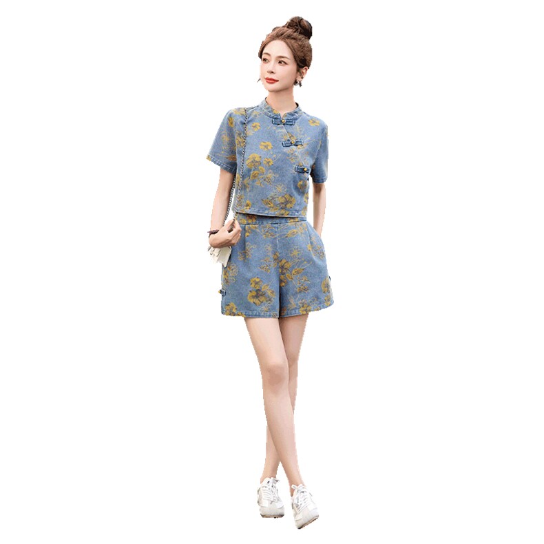 新中式复古盘扣牛仔套装女2025夏季新款小个子印花短裤两件套,女装套装/套裙,关键词