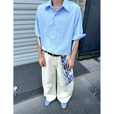 现货-N153-P6025新款水洗巴黎米白色弯刀ins牛仔弯道阔腿裤，男装休闲裤，电商B327