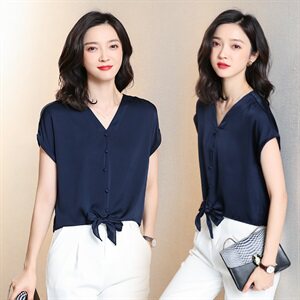 重磅真丝短袖衬衫女夏季2025新款气质V领设计感桑蚕丝短款上衣潮图片