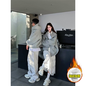 480G重磅加绒硬挺boxy 男女秋冬美式高街防风高领卫衣开衫厚外套图片