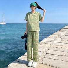女夏季新款高端时尚花色短袖T恤套装宽松显瘦抽绳阔腿裤两件套潮，女装套装/套裙，江南