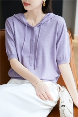 2025夏季新款精纺羊毛帽衫短袖女，女装T恤，晨旭羊绒