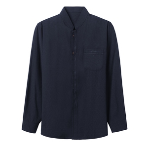 春季唐装中老年亚麻衬衫爸爸装礼服喜公公立领棉麻衬衣MJ22882-75图片