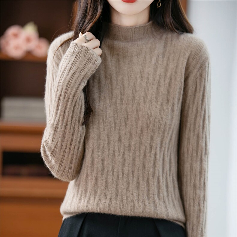 褶皱半高领100纯羊毛打底衫女秋冬内搭针织毛衣气质纯色保暖上衣，女装羊毛衫，绒汀羊绒