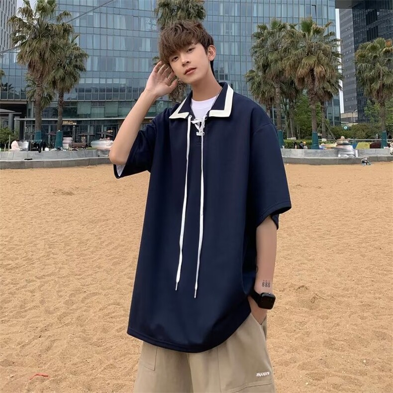 polo衫男短袖设计感小众情侣夏季oversize衬衫领抽绳T恤潮流,男装T恤,星座1013