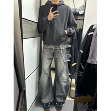 设计感高街腰带印花牛仔裤男女小众美式复古弯刀裤松弛感镰刀裤潮，男装牛仔裤，四季星座505