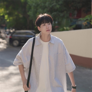 男装短袖条纹美式休闲夏季百搭翻领外套衬衫B225-C6059-P60-X75图片