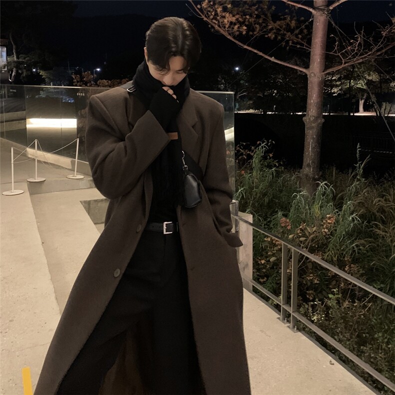 中长款风衣男秋冬韩版修身毛呢大衣高级感痞帅过膝呢子外套，男装风衣，星座710