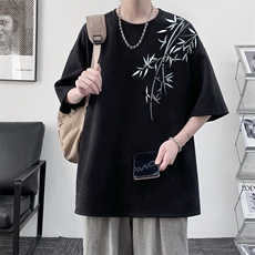 重磅麂皮绒小领口短袖T恤男夏季潮牌竹子印花宽松情侣款半袖体恤，男装T恤，电商A040