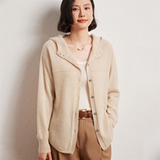 时尚女士开衫优雅连帽设计舒适保暖百搭必备，女装羊绒衫，臻维羊绒