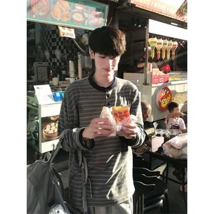706-1-T5235-P42特P现货秋季亨利领条纹长袖T恤情侣宽松tee