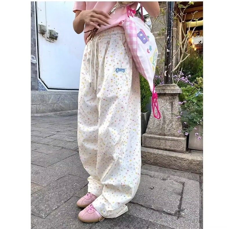 星星刺绣休闲裤2025夏季新款抽绳设计直筒高腰阔腿裤女,男装休闲裤,星座1210-1