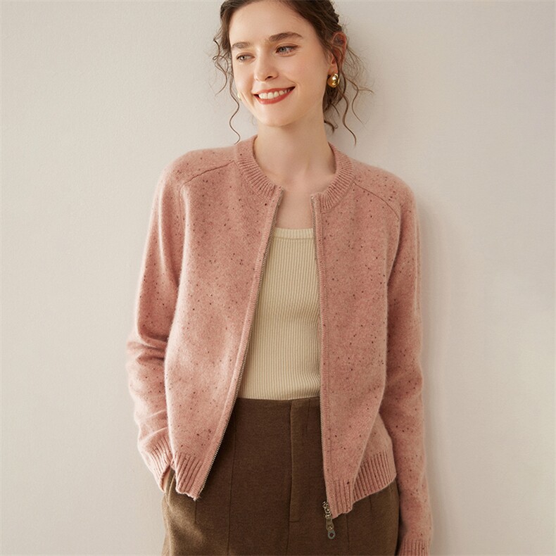 2024秋季彩点纱山羊绒拉链开衫女士宽松加厚针织毛衣外套百搭上衣，女装羊绒衫，暖凌绒