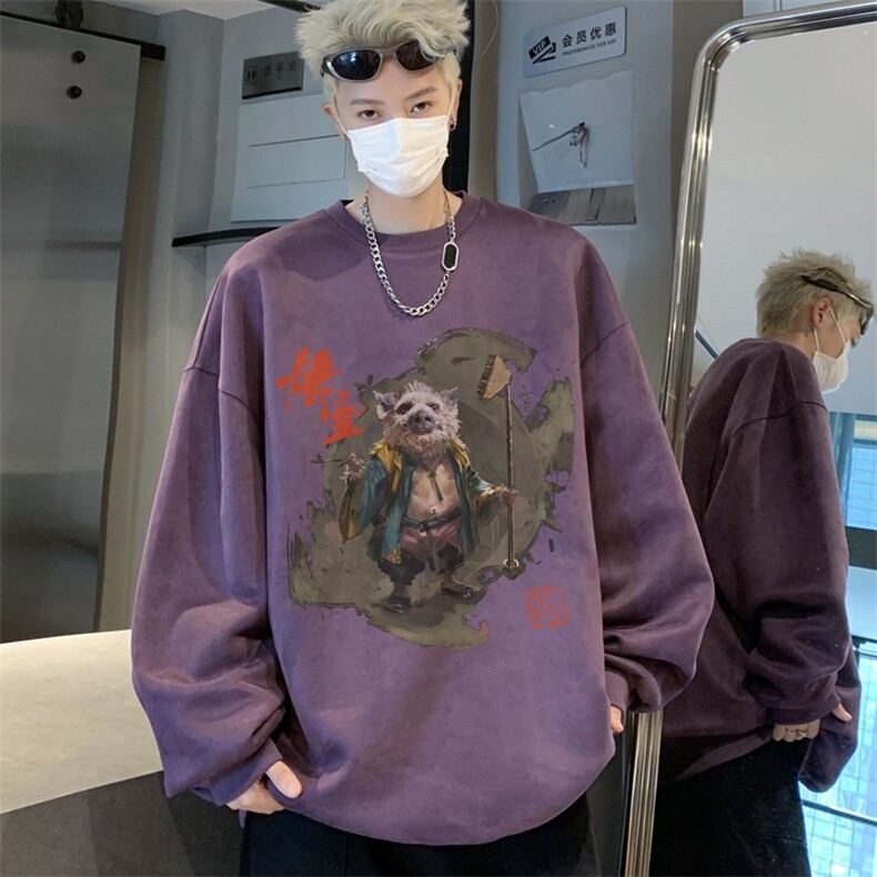 秋装复古美式水洗做旧重磅麂皮绒圆领卫衣，男装卫衣，星座301B