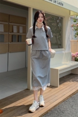 学院风蕾丝拼接上衣半身裙套装女2025年夏季新款韩系浅灰色两件套，女装套装/套裙，2C135