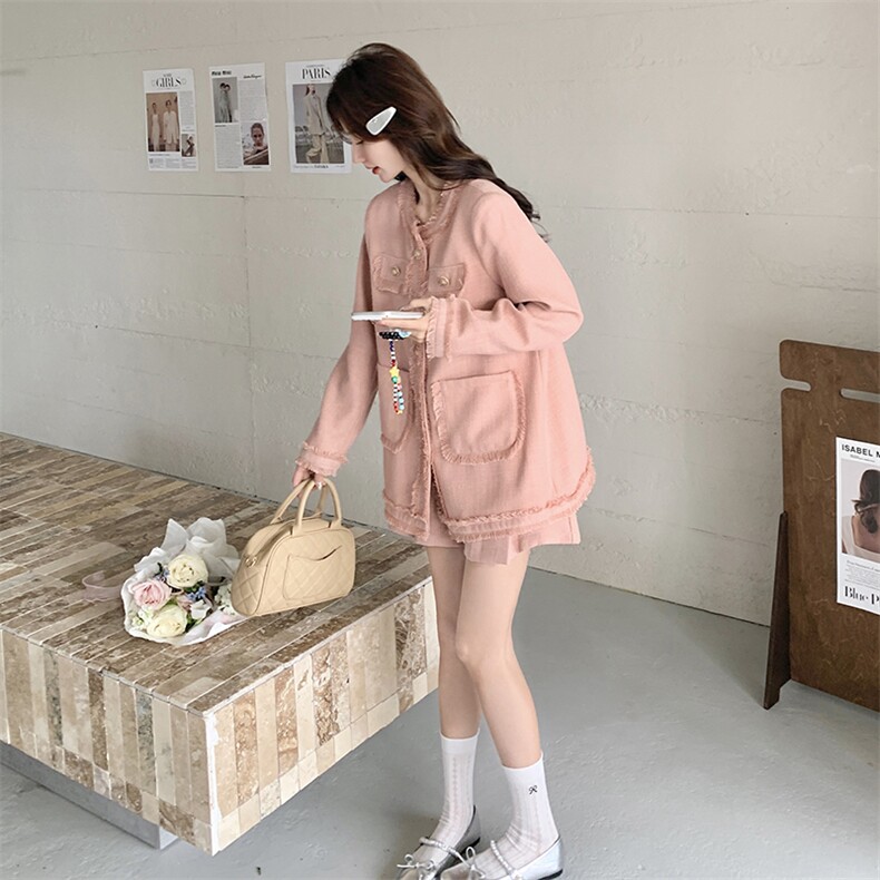 现货-粉色小香风外套短裤套装女2025春季新款百搭气质两件套,女装套装/套裙,浙宝203