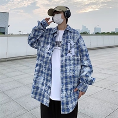 春季扎染水洗格子衬衫外套男高街宽松设计感百搭上衣W7231-P40，男装衬衫，星座512-2
