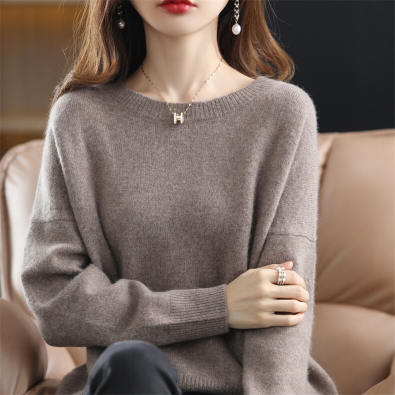 羊绒衫女22秋冬新款圆领套头纯色百搭针织毛衣宽松显瘦羊毛打底衫,女装羊毛衫,冀清阳荣