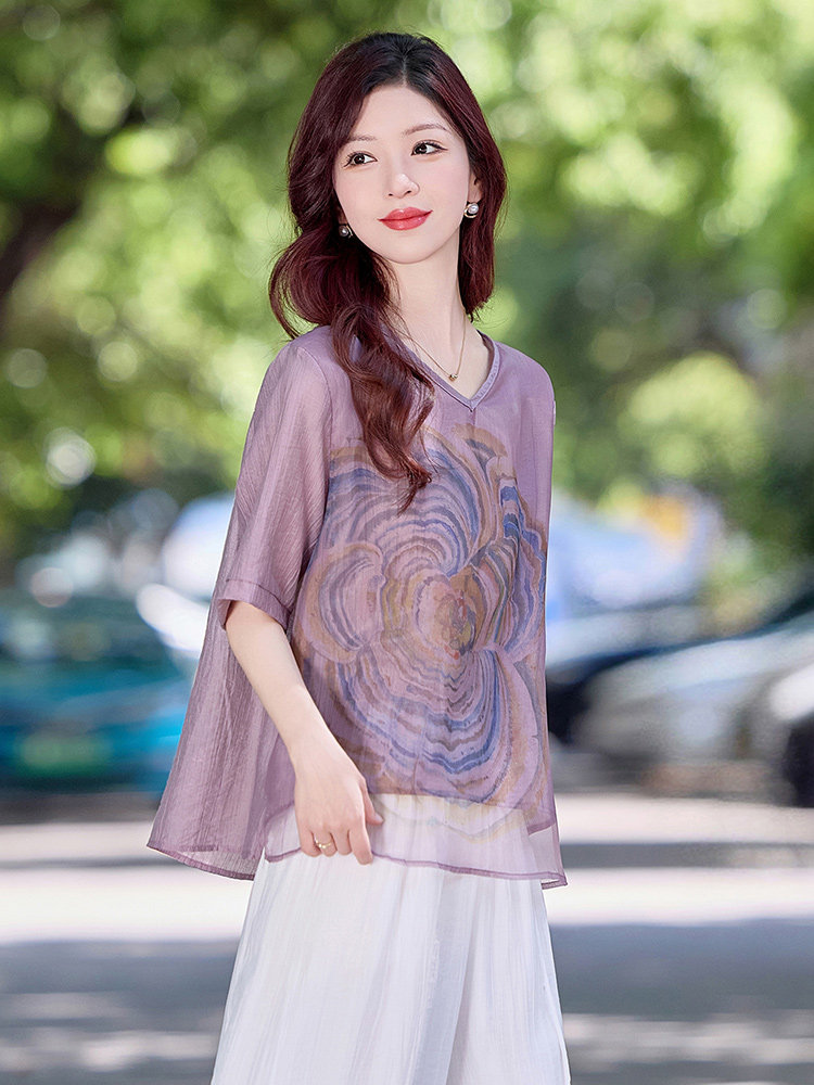 复古印花天丝棉麻衬衫女2025夏薄款v领宽松显瘦休闲宽松苎麻衬衣,女装衬衫,魅影