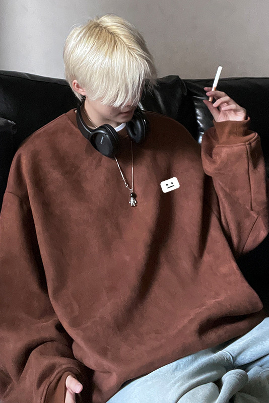 抖音品质麂皮绒笑脸小标简约宽松圆领卫衣JK23341特批36控59,男装卫衣,星座605(原A050)