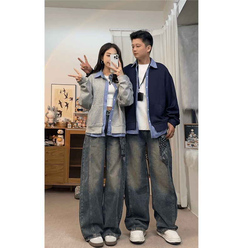 网图K998-特P43情侣美式高街牛仔裤男女弯刀裤阔腿长裤,男装牛仔裤,电商B369（原A024）