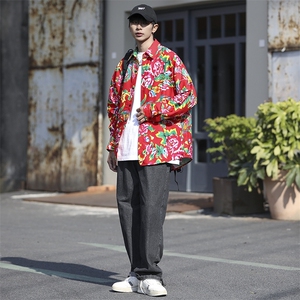 C203秋长袖男士宽松东北大花港风衬衣外套民族特色表演出新中式潮图片