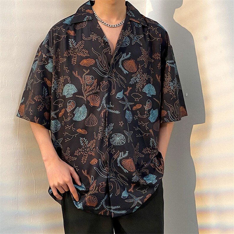2023短袖衬衫男夏季薄款宽松百搭花衬衣高街ins潮男CS1313-P35,男装T恤,电商A062