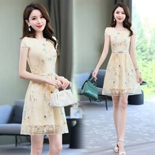 2025年夏季小个子碎花欧根纱连衣裙女装气质显瘦高端绣花蕾丝裙子，女装连衣裙，鑫鑫美