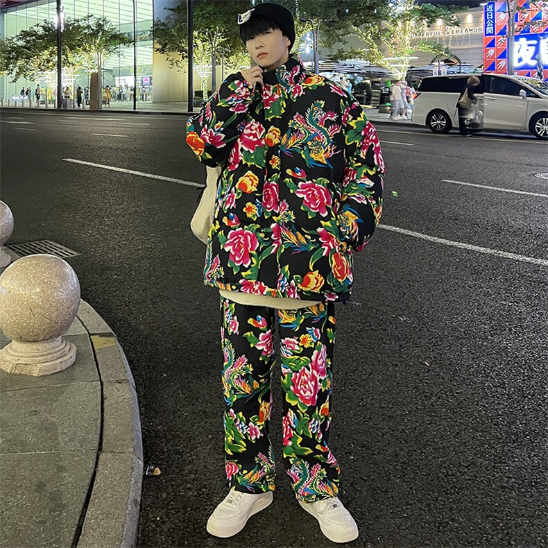 H203情侣东北大花风民族风特色牡丹大花棉袄加绒裤套装男女,男装休闲套装,星座115A(原星座507）