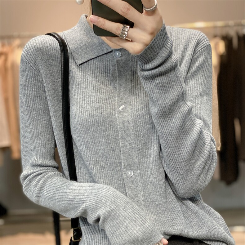 高级感Polo领抽条羊毛针织开衫女宽松百搭春秋毛衣外套上衣薄衬衫,针织衫/毛衣,雪真羊绒