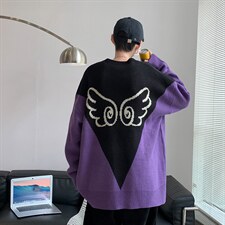 秋季2021毛衣撞色拼接圆领宽松新款创意翅膀针织衫上衣M119-P55，男装针织衫/毛衣，星座512-4