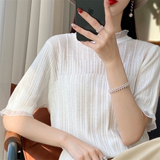 夏季精纺羊毛衫蕾丝拼接半袖T恤女圆领木耳边宽松镂空短袖打底衫，女装羊毛衫，琳华羊绒