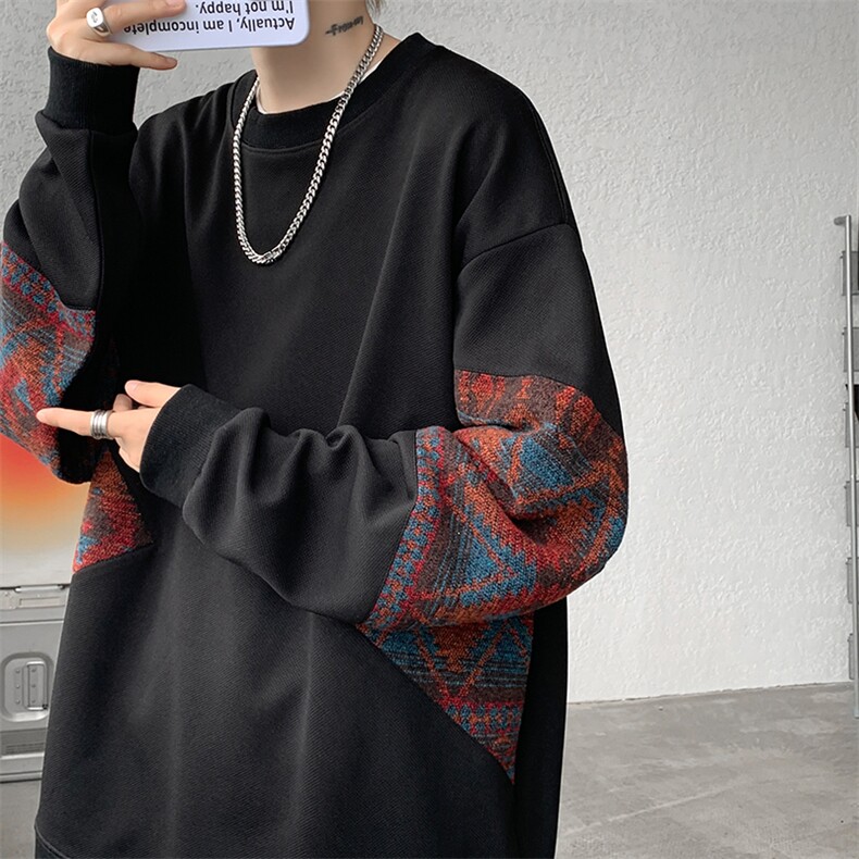 8XL-M 春秋季圆领拼接撞色民族风卫衣男新款潮牌上衣服WY005P58图片