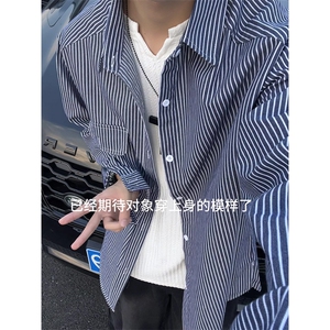 秋季新款条纹衬衫男宽松休闲百搭长袖衬衣外套C2268-特价P45图片
