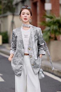 8587011欧货高端法式V领蕾丝拼接西装外套女2025春季飘带气质上衣图片