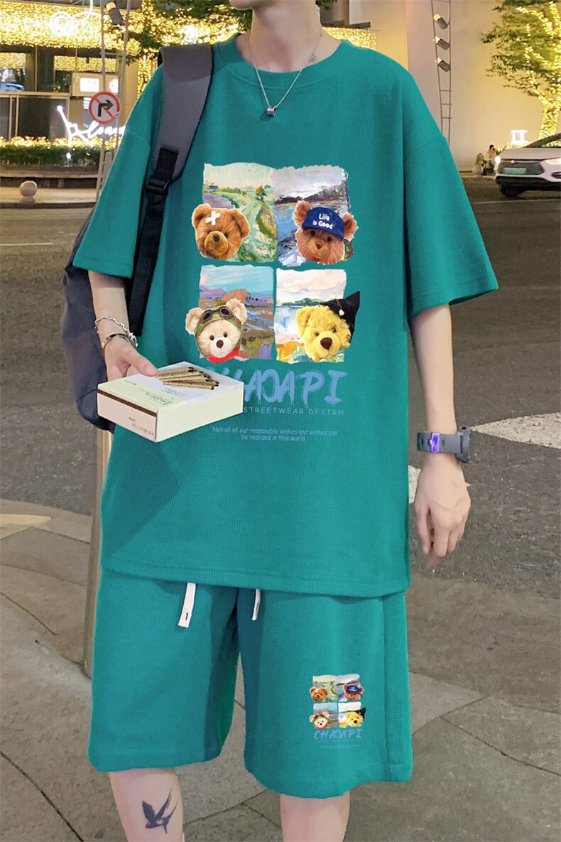 ！2024夏季新款华夫格短袖套装青少年学生半袖一套HTZ22P50,男装T恤,电商B220