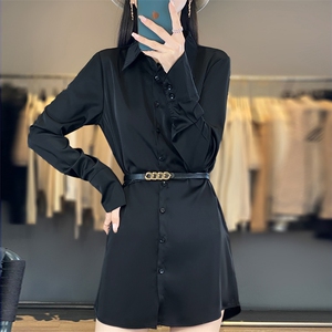高级感醋酸缎面仿POLO领衬衫女气质收腰中长款长袖西装连衣裙图片