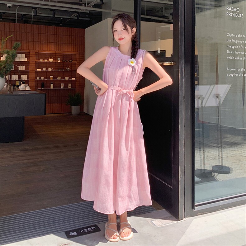 连衣裙无袖收腰百褶2025年夏季RF2C290-5853#-P110-K165,女装连衣裙,蝶眷