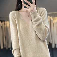 24秋冬新款V领羊毛衫女中长款气质显瘦针织毛衣连衣裙，女装连衣裙，蒙莲贝斯