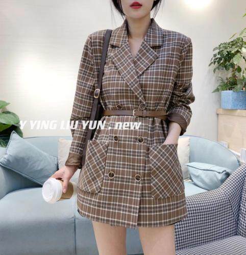 格子双排扣腰带款西装外套，女装西装，迎盈柳韵
