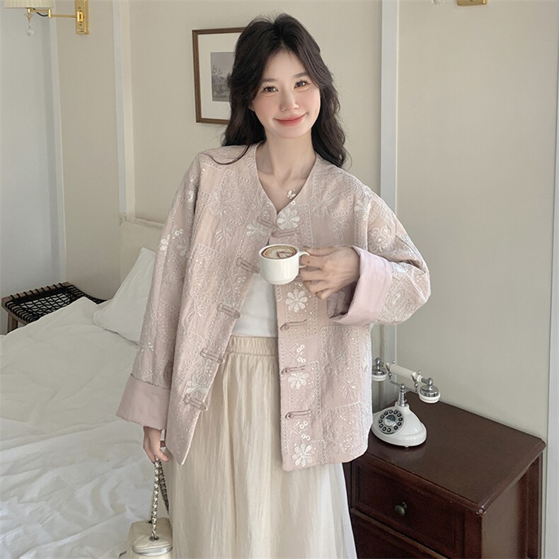 粉色新中式国风盘扣刺绣外套女2025春季新款时尚洋气减龄休闲上衣,女装短外套,2C217