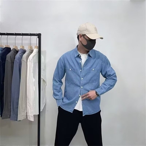 复古牛仔衬衫长袖春秋宽松薄款休闲百搭上衣男士工装衬衣网图,小明你不是教日系穿搭的吗图片