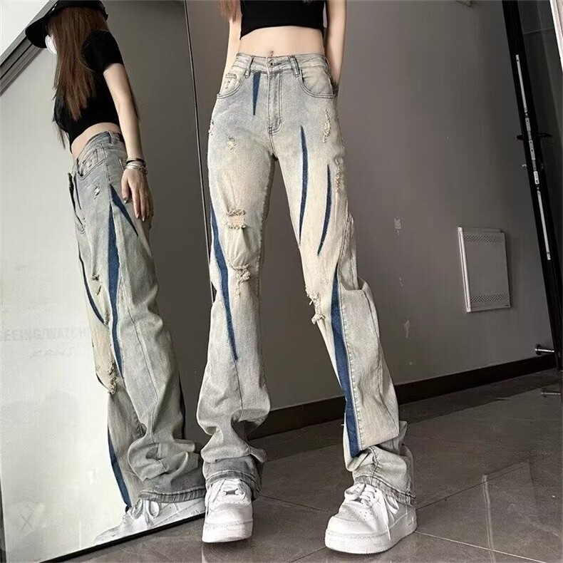 欧美vibe风高街破洞补丁拼接牛仔裤男女春秋季新款青少年炸街裤子,男装牛仔裤,星座506A