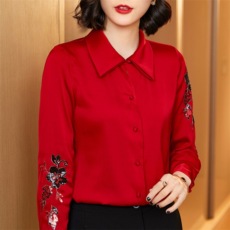 优雅红色真丝衬衫女长袖刺绣修身显瘦职业装上衣单排扣翻领衬衣,女装衬衫,宋氏羊绒