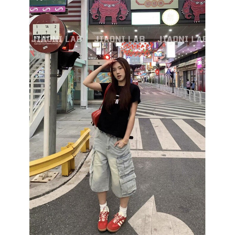 W9739-P63网图现货多口袋水洗五分牛仔短裤美式宽松工装七分裤,男装牛仔裤,星座1608-2