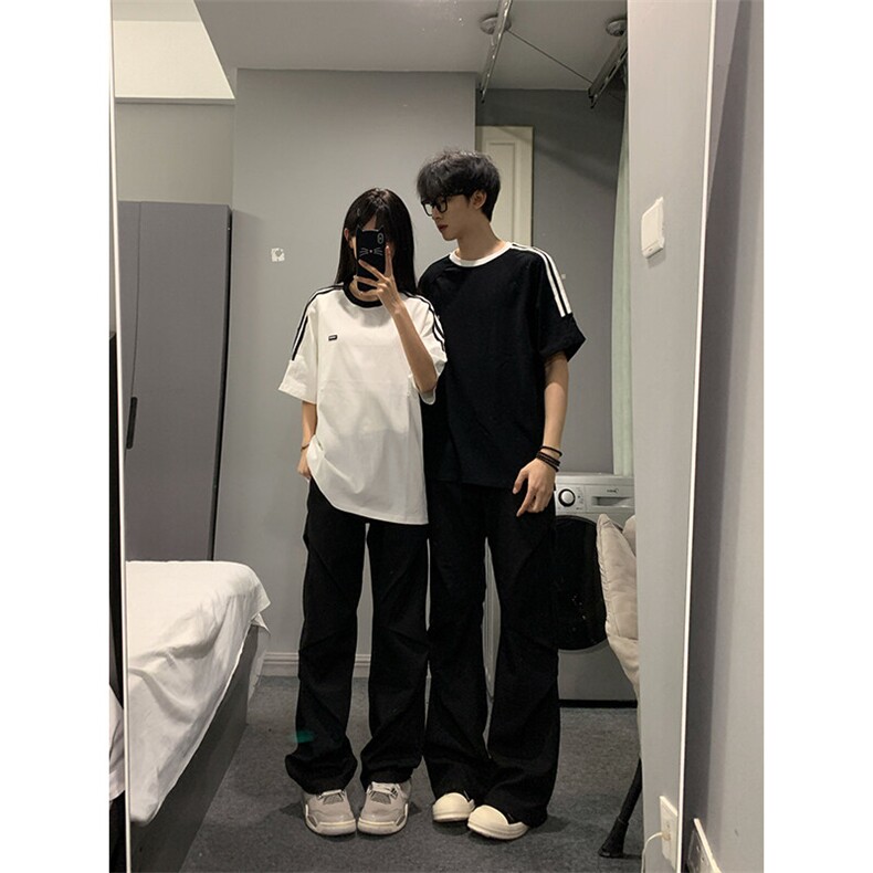 抖音得物品质夏季美式高街纯棉三条杠织带男女短袖T恤ZD588特25,男装T恤,电商A486-1